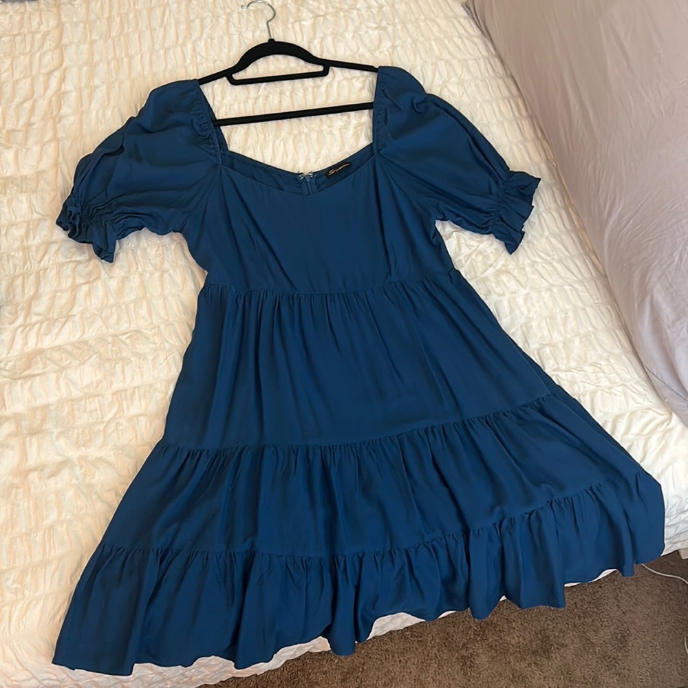 Blue baby doll sleeve ruffle mini dress